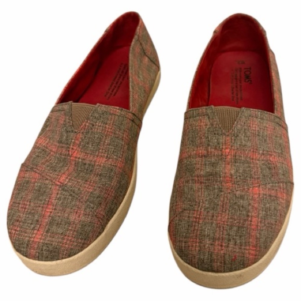Toms Slip On Sneakers Red Gray Plaid Loafers Size 9